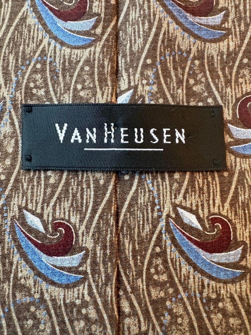 Vintage Van Heusen 100% Silk Tie Brown Abstract Wave Geometric Retro Wide